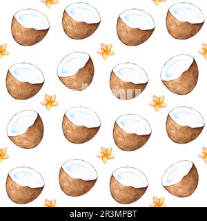 Motivo tropicale senza cuciture con cocco e fiori tropicali su sfondo bianco. Illustrazione ad acquerello disegnata a mano. Può essere utilizzato per design, tessuto, w Foto Stock