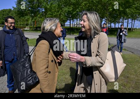 Den Helder, Paesi Bassi. 24th maggio, 2023. Il ministro della Difesa Ludivine Dedonder e il ministro della Difesa olandese Kajsa Ollongren si incontrano, nell'ambito della cooperazione bilaterale tra le due marine, a Den Helder, nei Paesi Bassi, mercoledì 24 maggio 2023. Il programma prevede una visita alla Leopold i, fregata della marina belga, che si trova a Den Helder per manutenzione. FOTO DI BELGA DIRK WAEM Credit: Agenzia Notizie di Belga/Alamy Live News Foto Stock