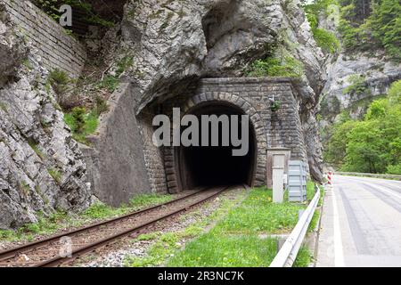 Vecchio tunnel ferroviario con ferrovia in montagna. Buca scura all'entrata del tunnel. Infrastruttura ferroviaria svizzera costruita in montagna, ingresso tunnel. Foto Stock