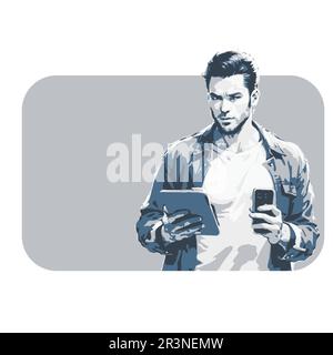 line art uomo utilizzando smartphone e tablet illustrazione vettore disegnato a mano isolato su sfondo bianco Illustrazione Vettoriale
