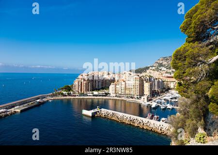 Montecarlo, Monaco - vista panoramica sul porto di Fontvielle con cielo blu e mare Foto Stock