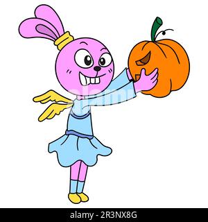 Festa di Halloween di coniglio e zucca. immagine dell'icona di doodle Foto Stock