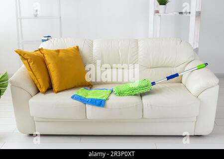 Spazzolone in plastica blu e verde con manico regolabile sdraiato sul divano - utensili per servizi di pulizia e pulizie domestiche Foto Stock