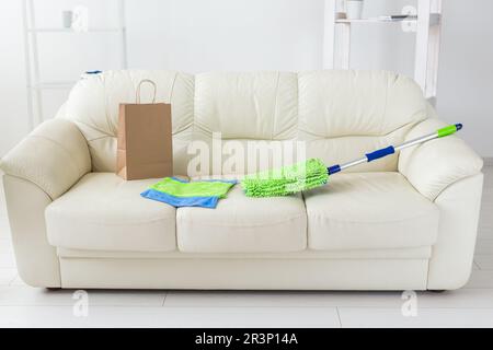 Spazzolone in plastica blu e verde con manico regolabile sdraiato sul divano - utensili per servizi di pulizia e pulizie domestiche Foto Stock