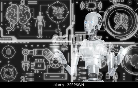 Intelligenza artificiale, concetto di intelligenza artificiale. Apprendimento profondo e apprendimento automatico. Il robot decide quale parte dello schermo virtuale imparare da solo. Foto Stock