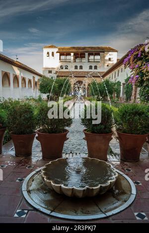 Il bellissimo cortile del Generalife, Palazzo dell'Alhambra, Granda, Spagna Foto Stock