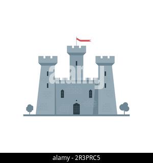 Il castello medievale è isolato su uno sfondo bianco. Vista frontale del castello. Illustrazione vettoriale piatta di una fortezza Illustrazione Vettoriale