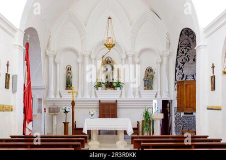 chiesa di San Miguel, Puig de Missa, 14th ° secolo, Sant Miquel de Balansat, Ibizan comune di San Juan de Labritja, Ibiza, isole baleari, Spagna. Foto Stock