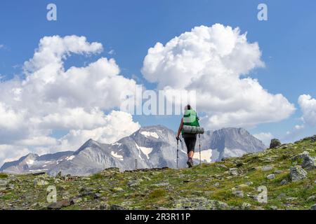 Escursionista frente al pico Posets, 3371 mts, Valle de Añes Cruces, Parque natural Posets-Maladeta, Huesca, cordillera de los Pirineos, Spagna. Foto Stock