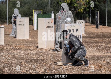 paintball Field, Paintball Aventura Marratxi, Marratxi, Maiorca, Spagna. Foto Stock