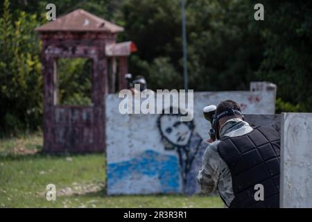 paintball Field, Paintball Aventura Marratxi, Marratxi, Maiorca, Spagna. Foto Stock