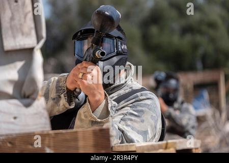 paintball Field, Paintball Aventura Marratxi, Marratxi, Maiorca, Spagna. Foto Stock