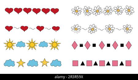 Dodle set divisori con cuore, fiore camomilla, sole, nuvola, stella, geometria astratta. Ornamenti vettoriali e ghirlande con elementi decorativi. Illustrazione Vettoriale