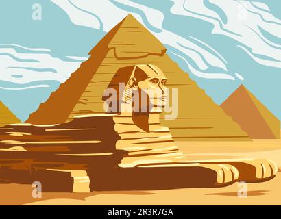 Vintage Banner Sfinge antica, Egitto Pharaoh Piramidi. Viaggio in Egitto Paese, deserto del Sahara. Vettore di illustrazione della scheda retro Illustrazione Vettoriale