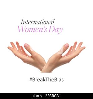 Frase Giornata internazionale della donna, hashtag BreakTheBias e primo piano vista della donna su sfondo bianco Foto Stock