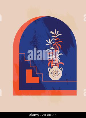 Design Boho moderno e minimalista. Scena marocchina. Porte, finestre marocchine e artigianato tradizionale. Terracotta sfondo. Illustrazione vettoriale Illustrazione Vettoriale