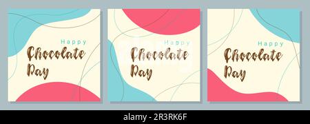 Poster Happy World Chocolate Day, sfondo blu e rosa boho stile, banner set. Illustrazione vettoriale Illustrazione Vettoriale