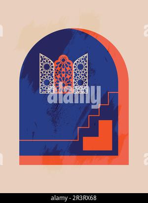 Design Boho moderno e minimalista. Scena marocchina. Porte, finestre marocchine e artigianato tradizionale. Terracotta sfondo. Illustrazione vettoriale Illustrazione Vettoriale