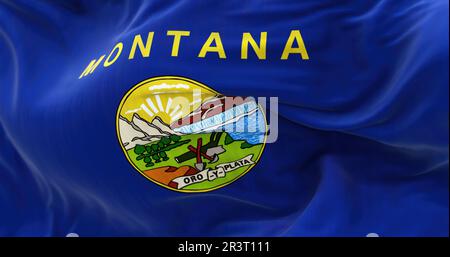 Vista prospettica della bandiera dello stato americano del Montana che sventola Foto Stock