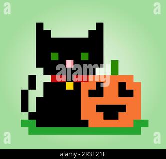 Gatto pixel a 8 bit e zucca. Temi di Halloween per le risorse di gioco in illustrazione vettoriale. Illustrazione Vettoriale