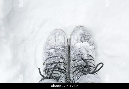 Gli scarponi sui lacci sono coperti di neve. Inverno, nevicate, freddo, feltrato scarpe di lana, protezione antigelo, resistenza al gelo. LIF Foto Stock