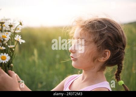 Ritratto carina bambina con un bouquet di camomilla in estate su uno sfondo verde naturale. Bambino felice, faccia nascosta, senza faccia, Foto Stock