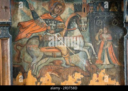 San Jorge y el dragon, siglo XVIII, museo de los iconos, castillo Real, Sanok, voivodato de subcarpacia, Polonia, Europa orientale. Foto Stock