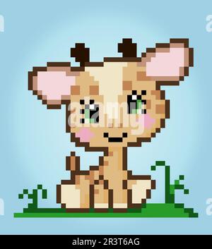 Giraffa pixel 8 bit. Animali per le risorse di gioco e modello a punti incrociati nell'illustrazione vettoriale. Illustrazione Vettoriale