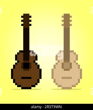 pixel per chitarra acustica a 8 bit. Oggetto strumento per le risorse di gioco e i modelli Cross Stitch in illustrazioni vettoriali. Illustrazione Vettoriale