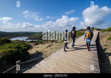 Passerella in legno a Cala Tortuga e bassa de Morella, Parco Naturale S'Albufera des Grau, Minorca, Isole Baleari, Spagna. Foto Stock