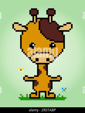 Giraffa pixel 8 bit. Animali per le risorse di gioco e modello a punti incrociati nell'illustrazione vettoriale. Illustrazione Vettoriale