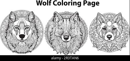 Un set di pagine per la colorazione di wolf line art per adulti. Illustrazione Vettoriale