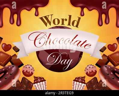 Giornata mondiale del cioccolato. Poster o banner, 3D illustrazione vettoriale di cioccolato e torta con sfondo terra Illustrazione Vettoriale