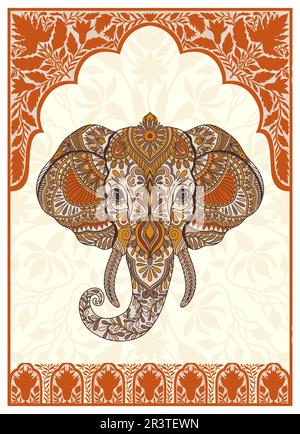 Testa di elefante in stile storico arco. Animale sacro di Mughal e India. Design disegnato a mano in stile lineare. Illustrazione Vettoriale