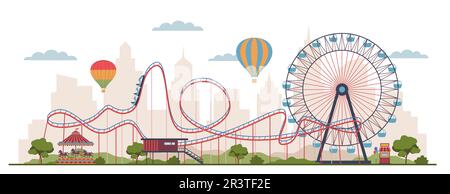 Panorama del parco divertimenti. Montagne russe isolate in stile piano Cartoon, ruota panoramica, giostre varie e attrazioni estreme. CTY sfondo, estate Illustrazione Vettoriale