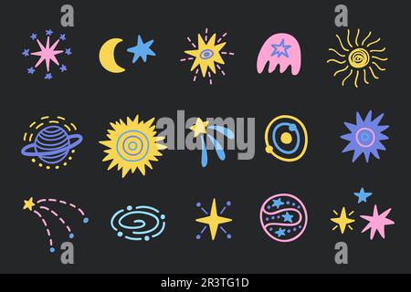 Spazio esterno carino cosmico mano disegnato Doodles set. Illustrazione Vettoriale