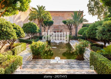 Giardino dell'Alcazaba di Almeria, un complesso fortificato nel sud della Spagna, costruzione di cittadella difensiva con mura, torri, piazze, case e. Foto Stock