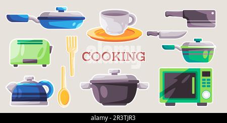Utensili da cucina pentola per friggere coltello e tazza accessorio per bevande utensili da cucina sticker per stoviglie collezione Illustrazione Vettoriale