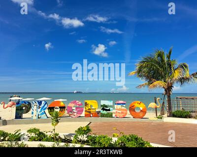 Progreso, Yucatan, Messico - 23 2022 novembre: Città portuale della penisola, una sosta per le navi da crociera che attraccano presso il suo caratteristico lungo molo. Il Malecon è un promena Foto Stock