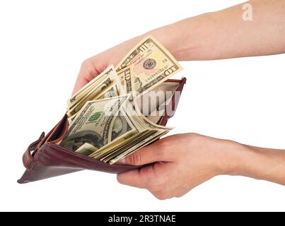 Borsa con soldi in mano Foto Stock