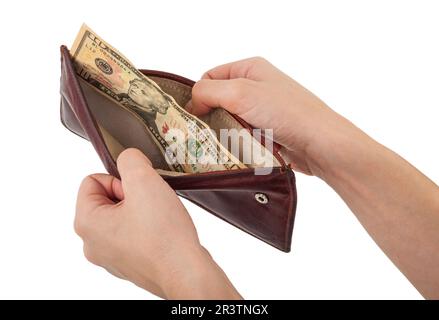 Borsa con soldi in mano Foto Stock