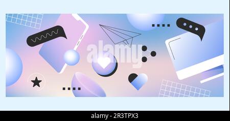 Modello di design della copertina dei social media per i contenuti del profilo. Icone di telefono cellulare, mi piace e comunicazione di rete su sfondo gradiente. Concetto vettoriale di pubblicità e internet marketing. Illustrazione Vettoriale