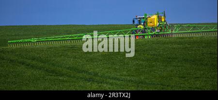 PRODUZIONE - 17 maggio 2023, Meclemburgo-Pomerania occidentale, Kirchdorf (poel): Un trattore traina un'irroratrice con bracci larghi e distribuisce fertilizzanti e pesticidi su un campo di grano. Foto: Jens Büttner/dpa Foto Stock