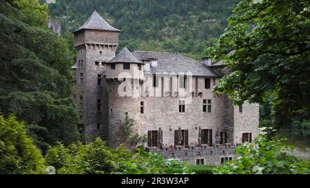 Chateau de la Caze, Gorges du Tarn, Sainte-Enimie, Francia Foto Stock