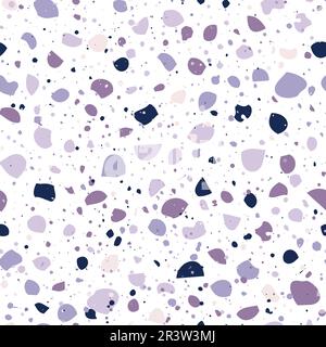 Pavimento in terrazzo viola con motivo senza cuciture. Struttura vettoriale del pavimento a mosaico. Simpatico sfondo neutro astratto. Lilla, viola e bianco. Alla moda Illustrazione Vettoriale