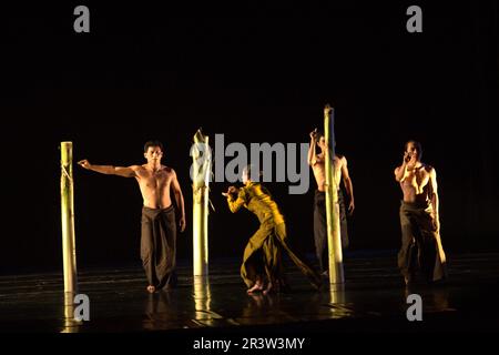 Spettacolo di danza teatrale dal titolo 'Lampan Lahat' del coreografo Lalu Suryadi Mulawarman e produzione di danza Sak Sak a Galeri Kesenian Jakarta il 15 giugno 2011 a Jakarta, Indonesia. 'Lampan Lahat' è coreografato sulla base di un folklore proveniente dall'isola di Lombok (provincia occidentale di Nusa Tenggara). Lo spettacolo stesso è stato parte del Jakarta Anniversary Festival IX, un evento annuale per celebrare l'anniversario di Jakarta City che si celebra il 22 giugno. Foto Stock