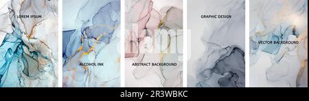 Inchiostro alcool pittura astratta moderna. Set di sfondi verticali. disegno vettoriale di pittura fluida di acquerello. Marmo pastello, neutro e dorato. Illustrazione Vettoriale