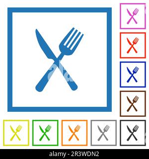 Forcella e coltello in posizione incrociata icone a colori piatti in riquadri quadrati su sfondo bianco Illustrazione Vettoriale