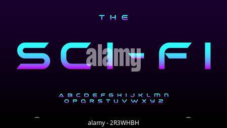 Brillante alfabeto fantascientesco, semplici lettere futuristiche. Carattere moderno per il logo EDM, titolo club in stile cyberpunk robotico retrofuturismo. Ampia tipografia Illustrazione Vettoriale