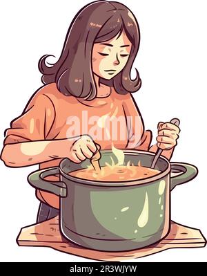 donna con zuppa mescolante in calderone Illustrazione Vettoriale